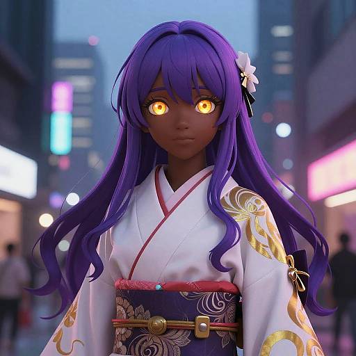 Digital anime-style artwork of a dark-skinned girl with vibrant purple hair, glowing yellow eyes, and a white kimono with gold patterns, standing in