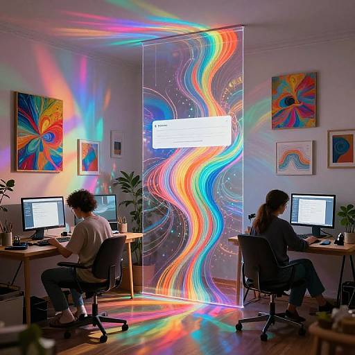 Photograph of two people working in a modern, colorful office. A translucent, rainbow-lit partition separates them, with vibrant abstract art on the walls