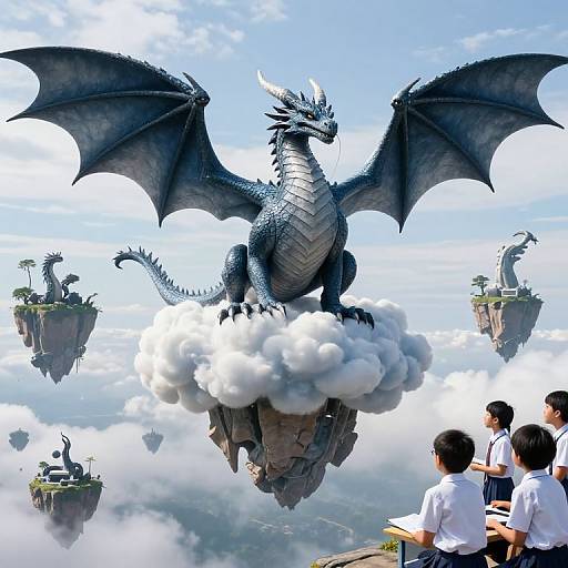 Photograph-style digital art: Blue dragon with large wings hovering on cloud island, surrounded by smaller island-dragons and Asian schoolchildren in white shirts