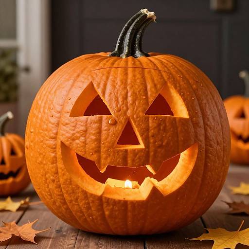 Photograph of a carved, glowing orange pumpkin with triangular eyes and a jagged-toothed smile, sitting on a wooden table with scattered autumn leaves