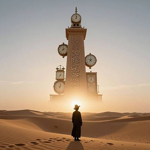 Photograph of a lone figure in a long coat and hat, standing in a desert, facing a towering clock tower with six clocks, backlit by