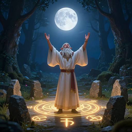 Digital artwork of a bearded wizard with white robes, arms raised, standing on glowing runes under a full moon in a dark forest.