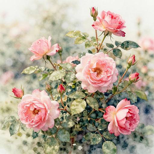 Digital painting of pink roses with soft, delicate petals and green leaves, set against a blurred, light background. Blossoms in various stages of bloom.