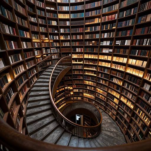 Photograph of a spiral staircase in a circular, multi-story library with warm yellow lights illuminating rows of colorful books.