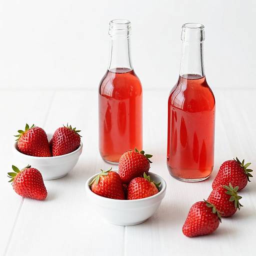 Photograph of two clear glass bottles filled with red strawberry juice, surrounded by white bowls and scattered fresh strawberries.