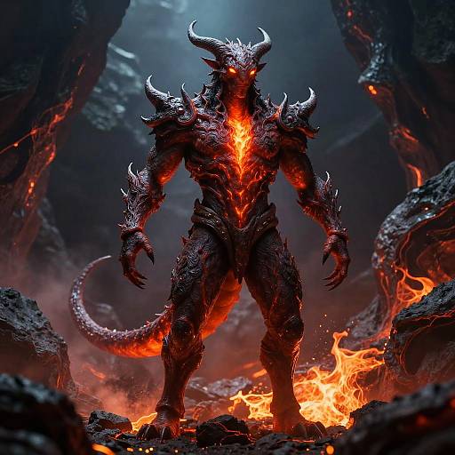 Digital artwork of a fiery, horned demon with glowing orange eyes and armor-like black scales standing amidst a volcanic landscape.