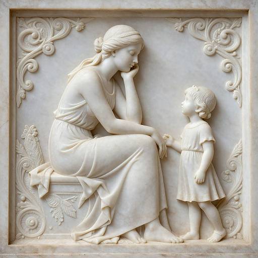 Photograph of a detailed white marble relief sculpture depicting a seated woman tenderly gazing at a standing child, surrounded by intricate floral carvings.