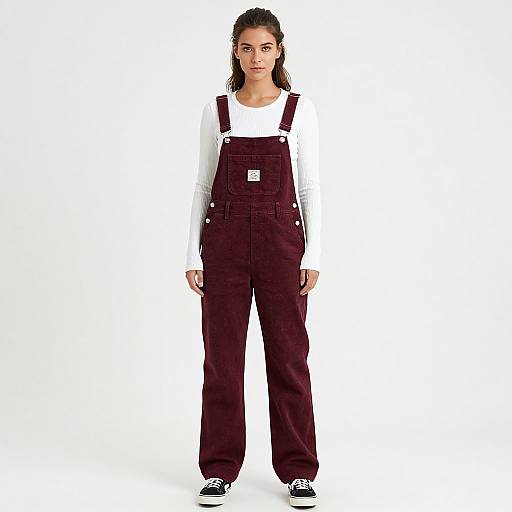 Woman in Burgundy Corduroy Overalls