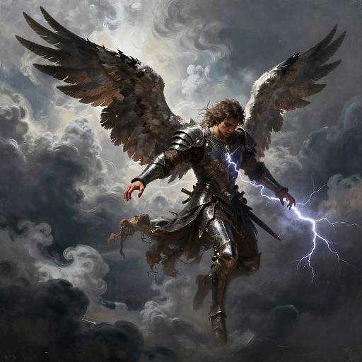 Digital art: Angelic warrior with dark feathers, armored in black, holding lightning bolt, surrounded by stormy clouds, illuminated by bright light.