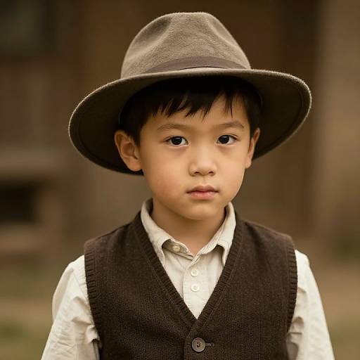 Photograph of a young Asian boy with fair skin, wearing a brown hat, white shirt, and dark vest, looking solemnly ahead. Blurred