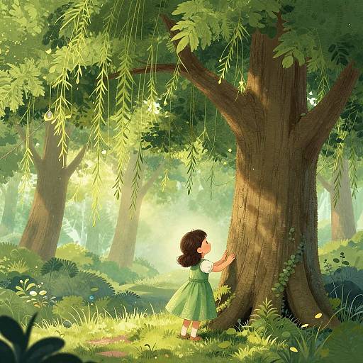 Digital illustration of a young girl with curly brown hair in a green dress, touching a large tree trunk in a sunlit, lush forest. Light filters