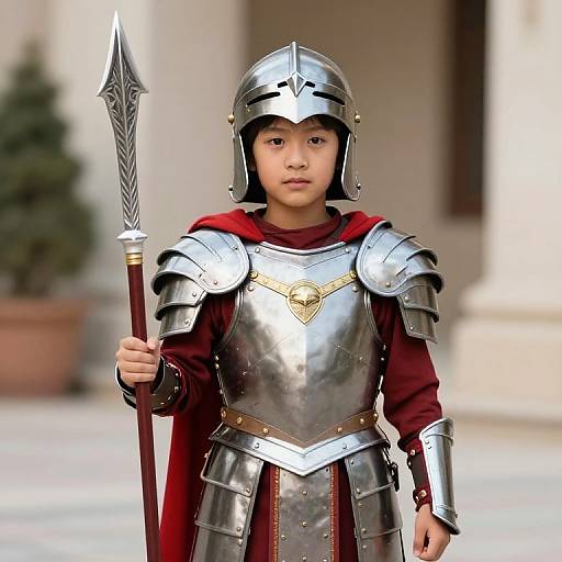 Photograph of a young Asian boy in medieval knight armor, holding a spear, with a red cape, standing outdoors.