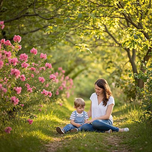 Mother and Child in Floral Pathway