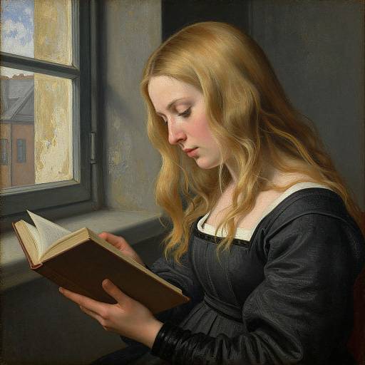 Photorealistic painting of a fair-skinned, blonde woman in a black dress, reading a book by a sunlit window.