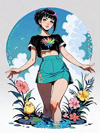 Stylish Woman in Tropical Skirt and Crop Top