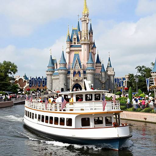 Photograph of a white riverboat with American flags, passing by Cinderella Castle at Disneyland, crowded with tourists under a sunny blue sky.