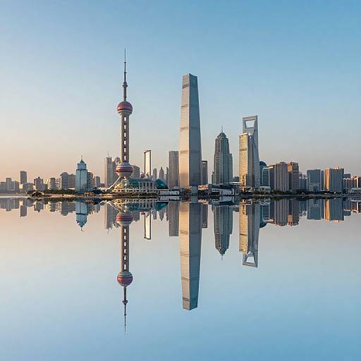 Photograph of Shanghai skyline at sunset, featuring the Oriental Pearl Tower, Shanghai Tower, and other skyscrapers, reflected in calm water.