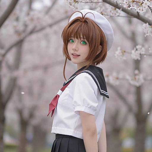 Photorealistic CGI of a young girl with green eyes, brown bob haircut, wearing a white sailor uniform and hat, standing among cherry blossoms.