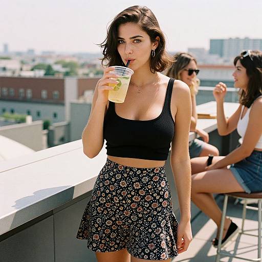 Photograph of a young woman with wavy brown hair, drinking iced coffee on a rooftop, wearing a black crop top and floral skirt, with