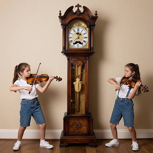 Photograph of two young girls with ponytails, playing violins, wearing white shirts and denim shorts, standing on either side of an ornate wooden