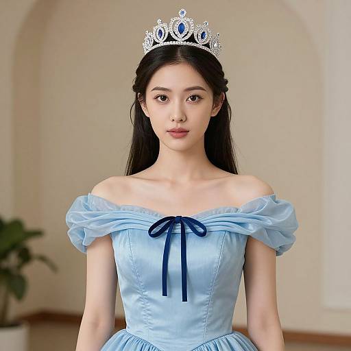 Photograph of an Asian woman with long black hair, wearing a silver tiara, light blue off-shoulder dress with blue ribbon, standing indoors