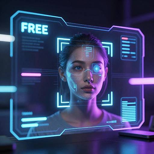 Photorealistic digital art of a woman with glowing neon blue 