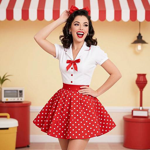 Vintage-style photograph of a smiling woman with dark hair, red polka dot skirt, white blouse, red bow, and red bow headband, standing