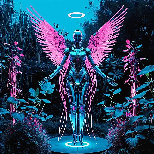Cyberpunk Robotic Angel in Neon Garden