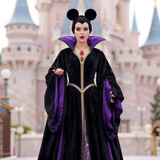 Photograph of a pale-skinned woman with black hair in buns, wearing a black velvet gown with purple trim, red gem necklace, standing in