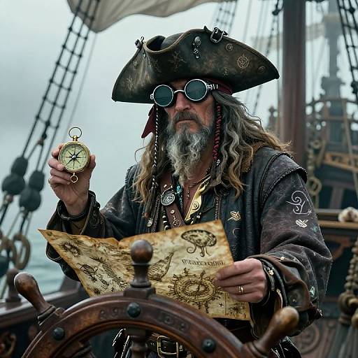 Photograph of a grizzled, bearded pirate with long hair, wearing a tricorn hat and round sunglasses, holding a compass and old map