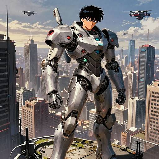 Digital anime-style drawing: Black-haired, robotic man in silver armor with red, blue, and green lights stands on rooftop, overlooking futuristic cityscape with