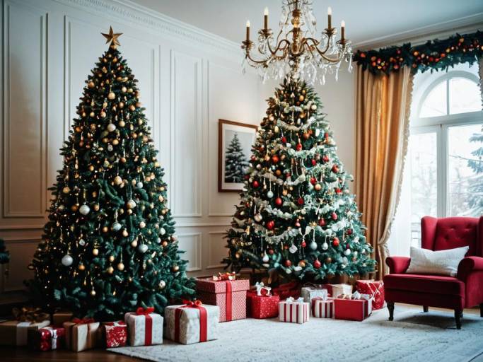 Festive Christmas Room with Tree and Chandelier