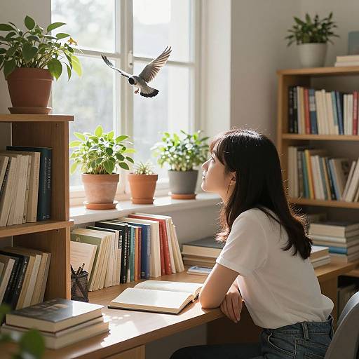 Photograph of an Asian woman in a white t-shirt, sitting at a sunlit bookshelf, watching a bird flying outside the window.
