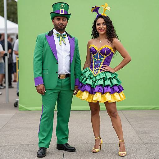 Photograph of a Black man in a green St. Patrick's Day suit, and a Latina woman in a colorful, ruffled dress, posing outdoors