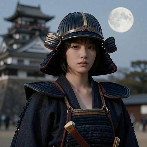 Woman in Samurai Armor with Castle and Full Moon