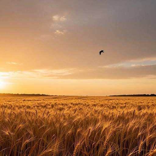 Photograph of a golden wheat field at sunset, with a single bird in flight against a warm, orange and purple sky.