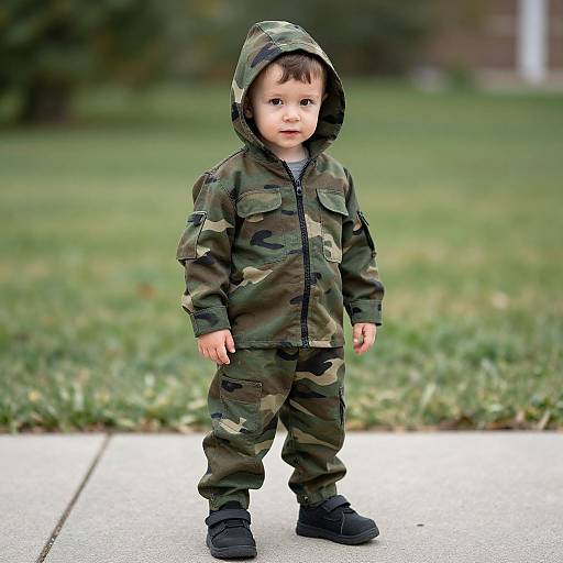 Photograph of a young boy with short brown hair, wearing a camouflage hooded onesie and black shoes, standing on a concrete sidewalk with a blurred