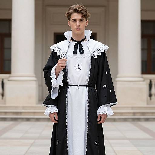 Photograph of a young man with curly brown hair, wearing a black and white historical costume with lace, standing in front of white columns.