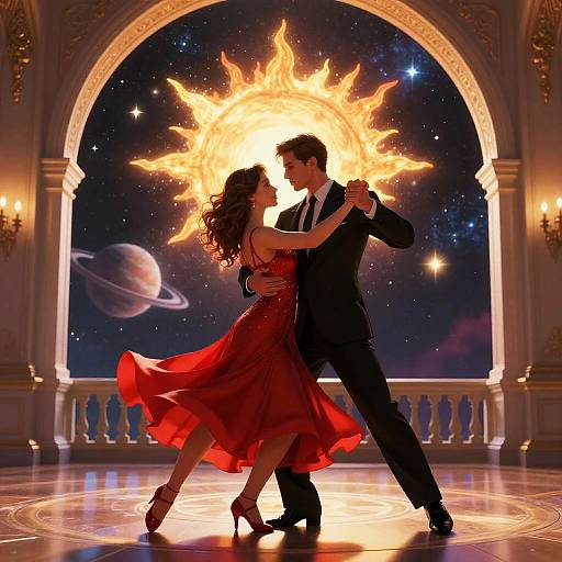 Photograph of a dancing couple in formal attire, with a fiery sun backdrop, planetary scene, and grand archway, under soft lighting.