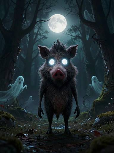 Digital art: Glowing-eyed, fierce boar with dark fur stands in eerie, moonlit forest, surrounded by ghostly white spirits under a full