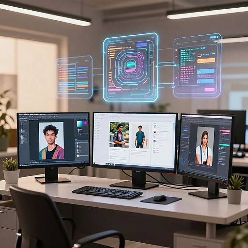 Photograph of a modern office desk with three monitors displaying social media profiles, neon interface overlays, white desk, black keyboard, mouse, and potted