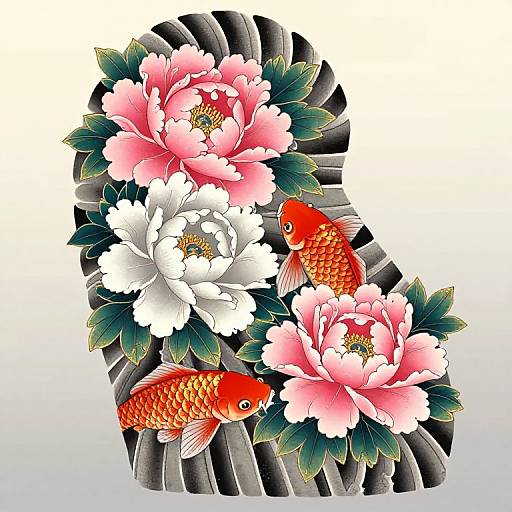 Vibrant digital illustration of three red goldfish among pink and white peonies, set against a black wave pattern background.