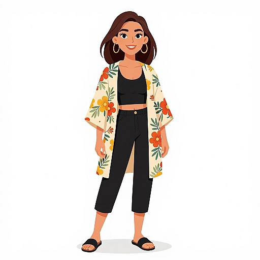 Smiling Bohemian Woman in Floral Kimono