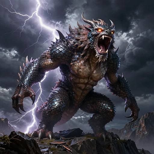 Roaring Mythical Creature Amid Thunderstorm