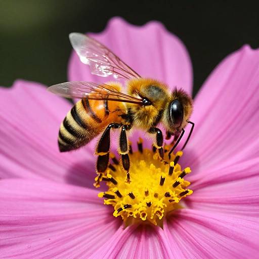 Close-up photograph of a buzzing honeybee with striped yellow and black abdomen, translucent wings, and fuzzy body, feeding on a bright yellow flower center of