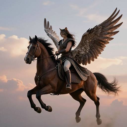 Digital art of a anthropomorphic wolf with large black wings riding a dark brown horse, soaring in a pastel sunset sky.