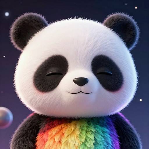 Cute CGI panda with black and white fur, closed eyes, and rainbow chest, smiling against a starry night background. Digital art.