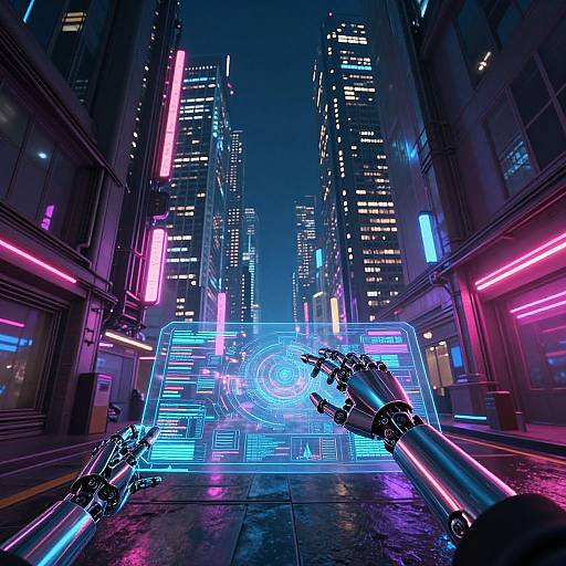 Neon-lit cyberpunk city street at night, illuminated skyscrapers, glowing pink and blue lights, futuristic robotic arms reaching forward, holographic