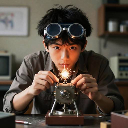 Photograph of young Asian man with black hair, goggles, and focused expression, holding a sparkler to a metal welding torch in a workshop.