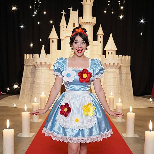 Photograph of a woman in a blue Disney-style Cinderella dress with colorful flower accents, standing on a red carpet in front of a glowing castle backdrop